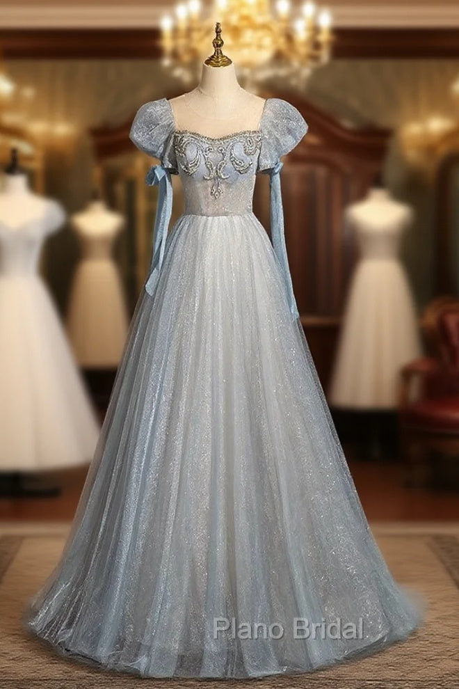 Blue Tulle Sequins Puff Sleeve Beading Formal Prom Dresses