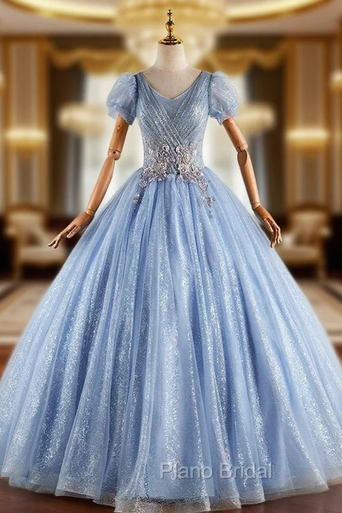 Blue Tulle Sequins Puff Sleeve Pleats Quinceanera Dresses