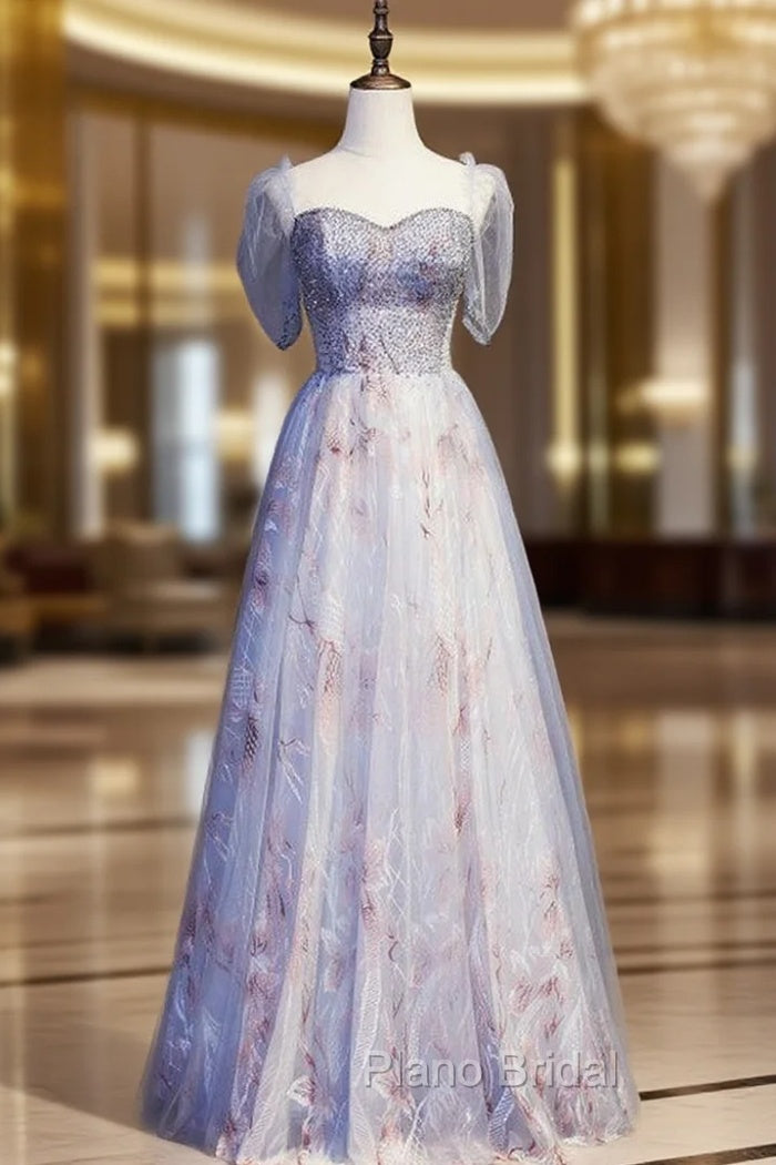 Blue Tulle Sequins Short Sleeve Beading Formal Prom Dresses