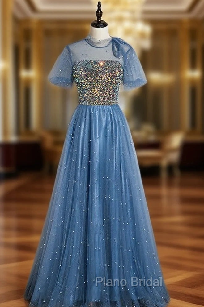 Blue Tulle Sequins Short Sleeve Open Back Formal Prom Dresses Main image