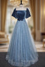 Blue Tulle Sequins Short Sleeve Velvet Formal Prom Dresses