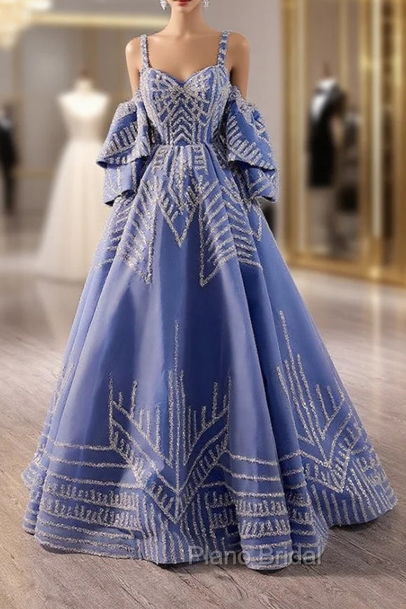 Blue Tulle Sequins Spagehtti Straps Formal Prom Dresses