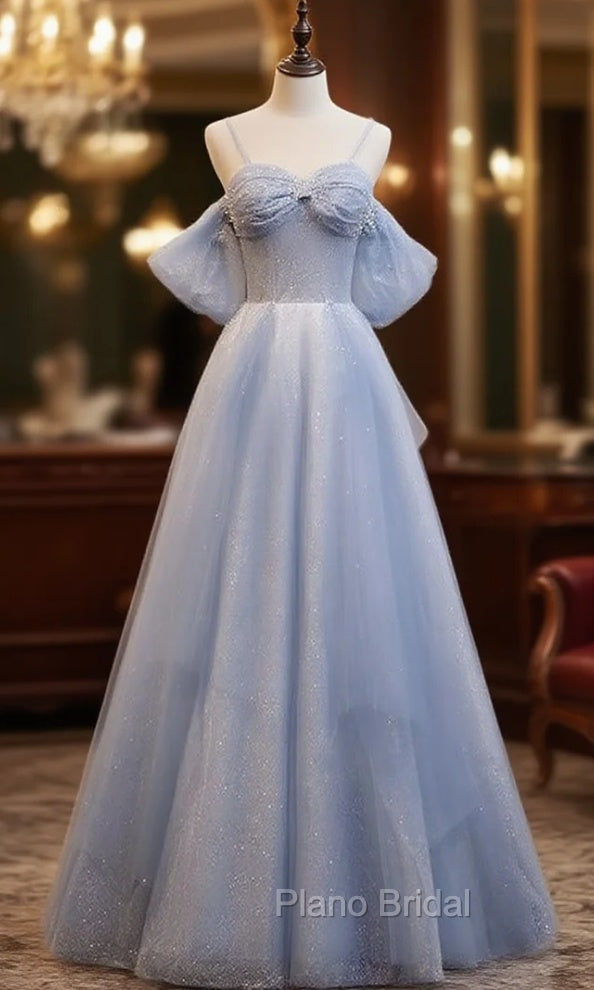 Blue Tulle Sequins Spaghetti Straps Beading Formal Prom Dresses