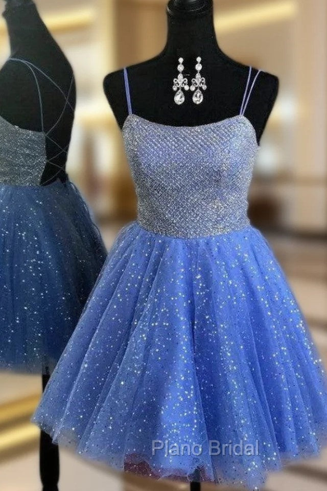 Blue Tulle Sequins Spaghetti Straps Homecoming Dresses Main image