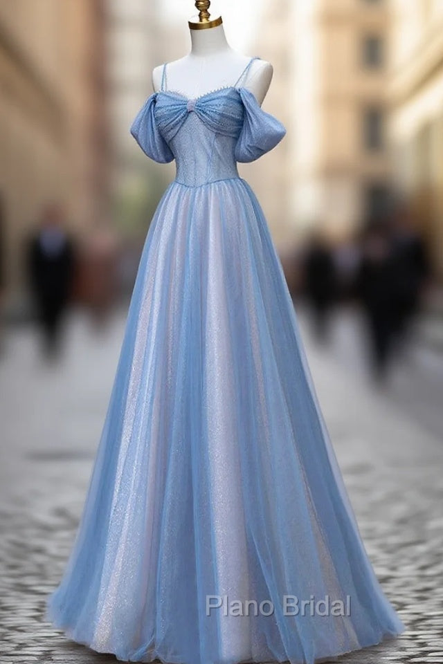 Blue Tulle Sequins Spahetti Straps Formal Prom Dresses Main image