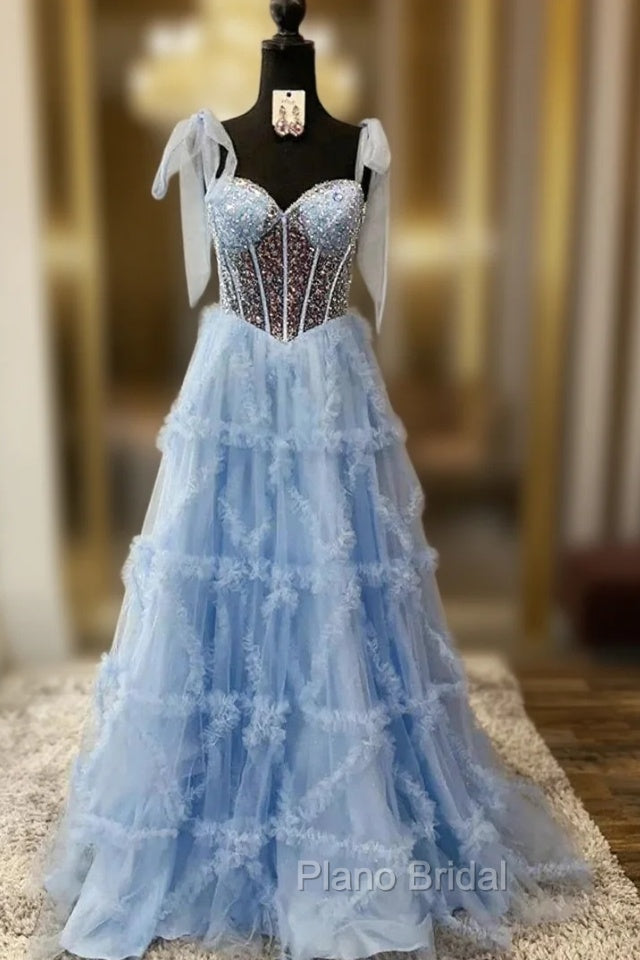 Blue Tulle Sequins Straples Formal Prom Dresses