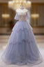Blue Tulle Sequins Strapless Beading Formal Prom Dresses