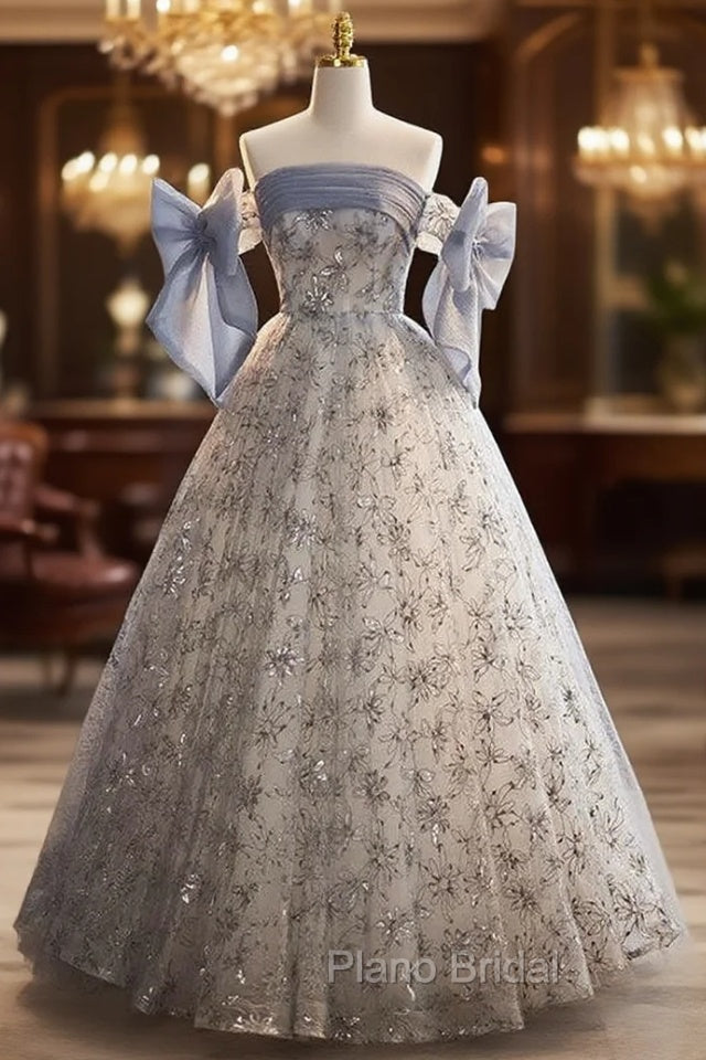 Blue Tulle Sequins Strapless Formal Prom Dresses Main image