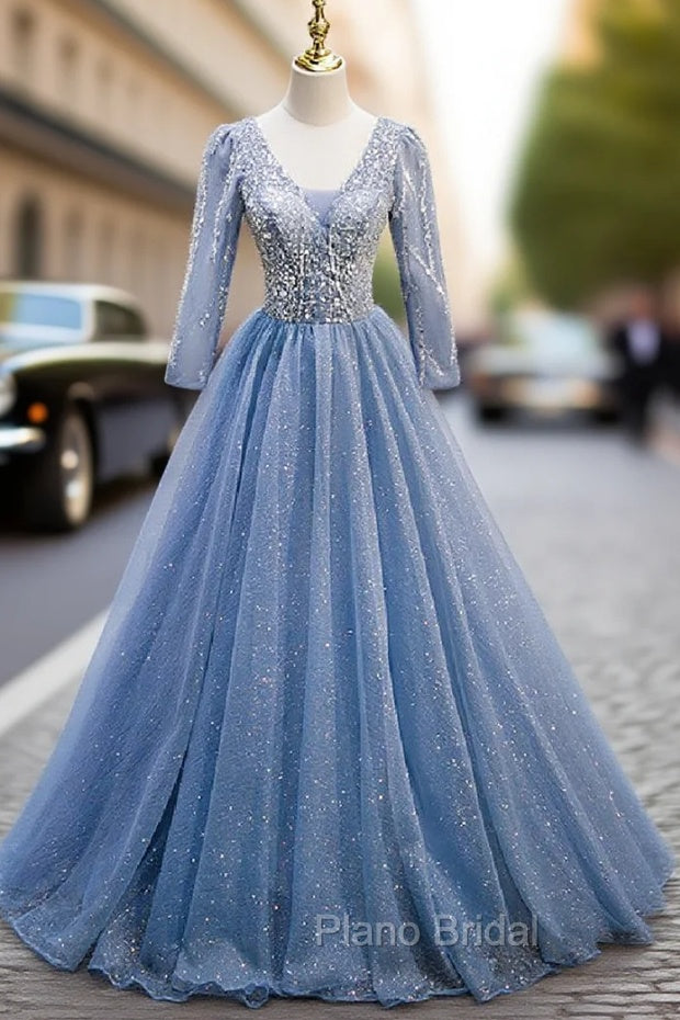 Blue Tulle Sequins V-neck Long Sleeve Beading Formal Prom Dresses