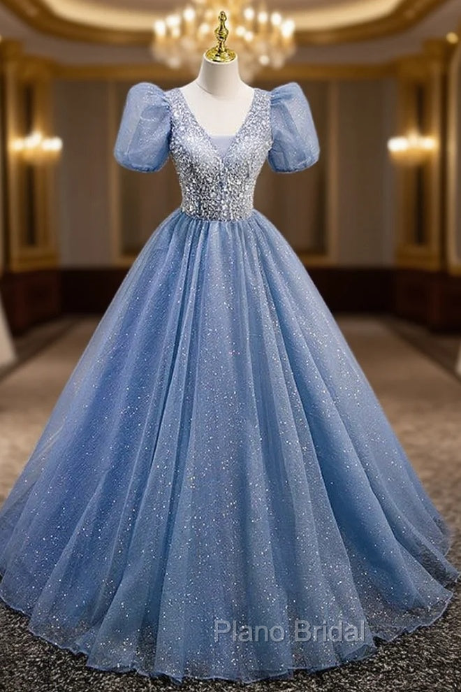 Blue Tulle Sequins V-neck Puff Sleeve Beading Sequins Formal Prom Dresses Main image