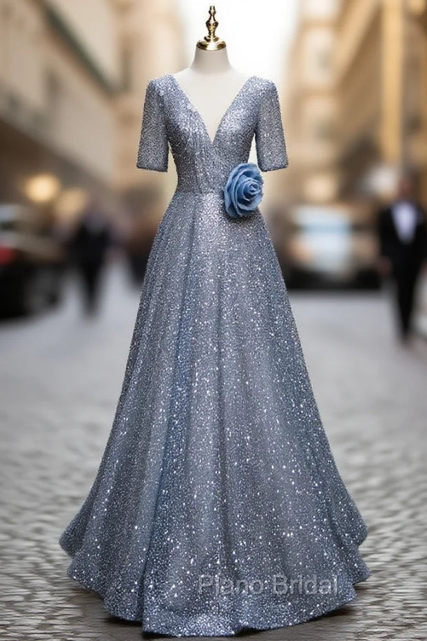 Blue Tulle Sequins V-neck Short Sleeve Beading Formal Prom Dresses Main image