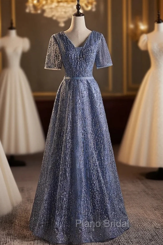 Blue Tulle Sequins V-neck Short Sleeve Formal Prom Dresses Main image