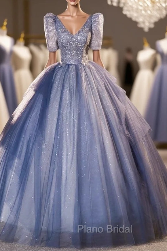 Blue Tulle Sequins V-neck Short Sleeve Quinceanera Dresses