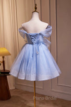 Blue Tulle Short Party Dresses, Lovely A-Line Off Shoulder Formal Prom Dresses