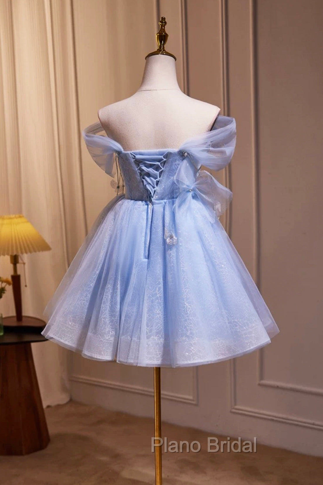 Blue Tulle Short Party Dresses, Lovely A-Line Off Shoulder Formal Prom Dresses