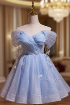 Blue Tulle Short Party Dresses, Lovely A-Line Off Shoulder Formal Prom Dresses