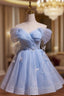 Blue Tulle Short Party Dresses, Lovely A-Line Off Shoulder Formal Prom Dresses