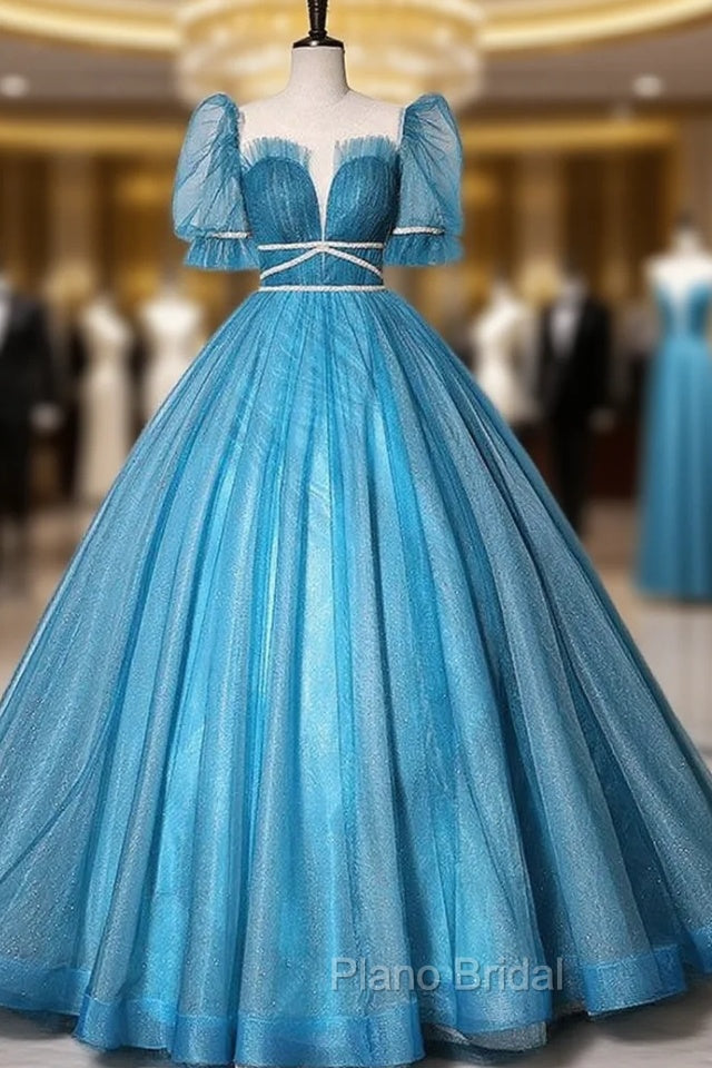 Blue Tulle Short Sleeve Backless Quinceanera Dresses Main image