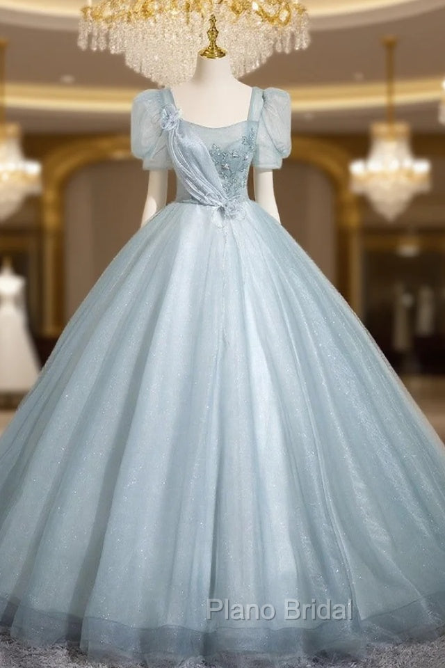 Blue Tulle Short Sleeve Flower Quinceanera Dresses Main image