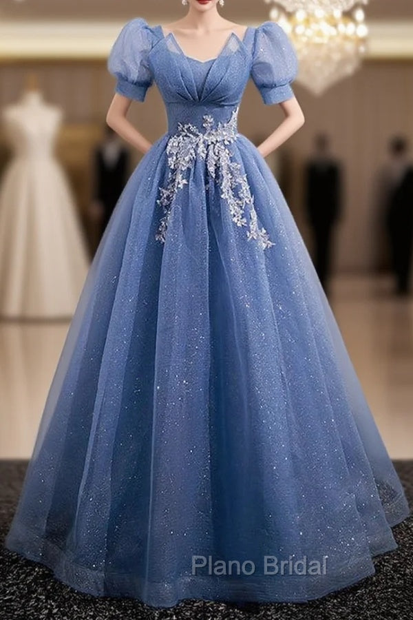 Blue Tulle Short Sleeve Sequins Formal Prom Dresses Main image