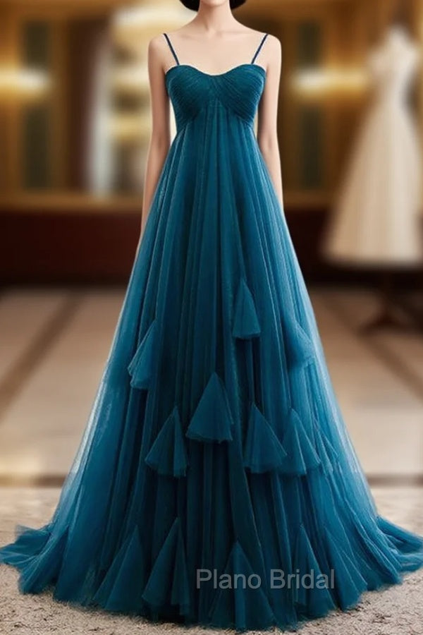 Blue Tulle Spagehtti Straps High Waist Pleats Formal Prom Dresses Main image