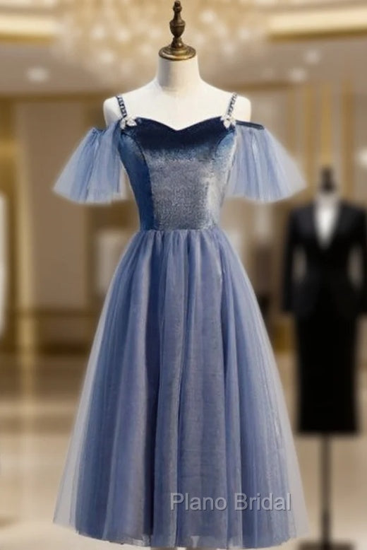 Blue Tulle Spagheti Straps Tea Length Beading Formal Prom Dresses Main image
