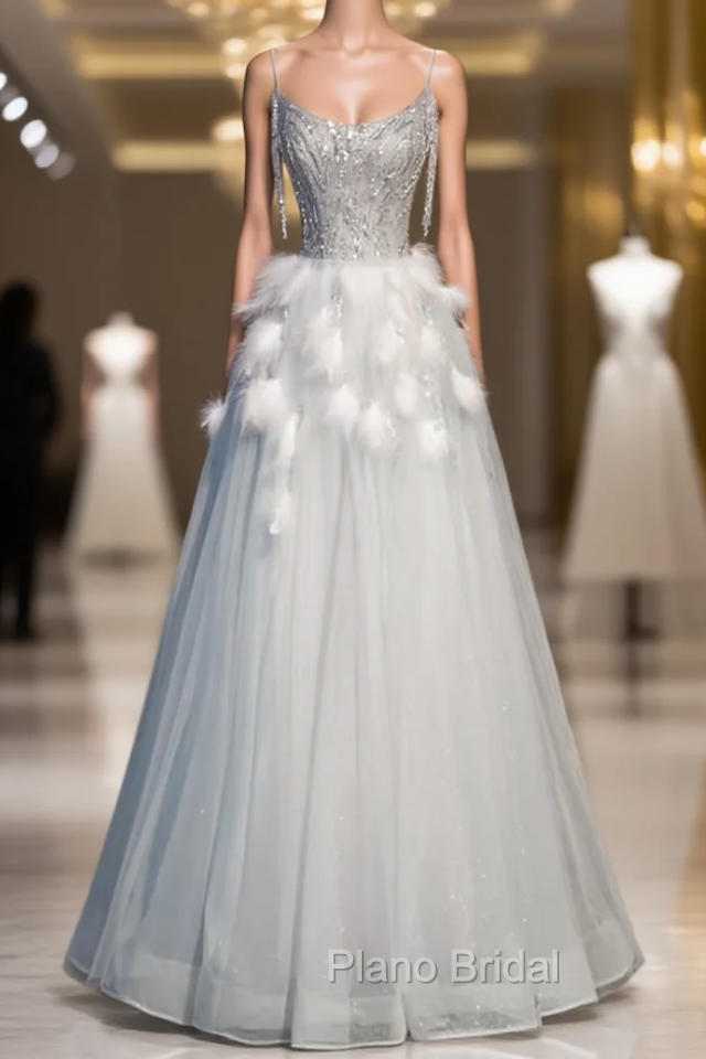 Blue Tulle Spaghetti Straps Beading Feather Formal Prom Dresses Main image
