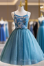 Blue Tulle Spaghetti Straps Oil Painting Pattern Homecoming Dresses