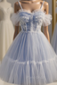 Blue Tulle Spaghetti Straps Pleats Homecoming Dresses