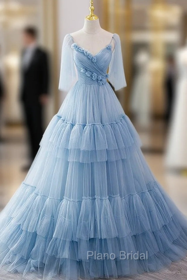 Blue Tulle Spaghetti Straps Pleats Formal Prom Dresses