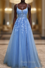 Blue Tulle Spaghetti Straps Formal Prom Dresses