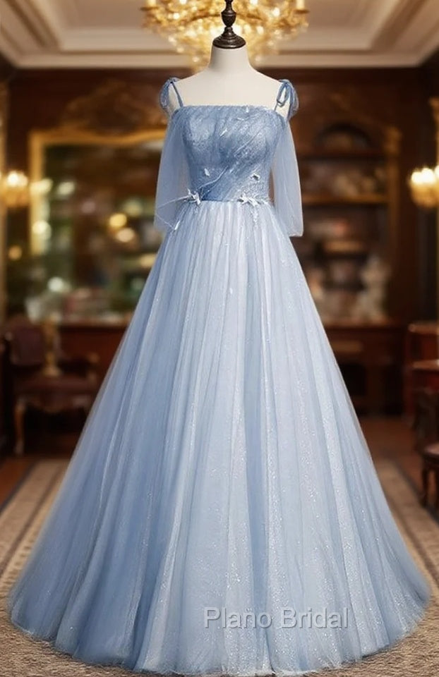 Blue Tulle Spaghetti Straps Sleeveless Formal Prom Dresses Main image