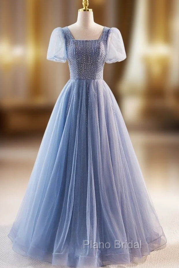 Blue Tulle Square Neck Puff Sleeve Formal Prom Dresses Main image