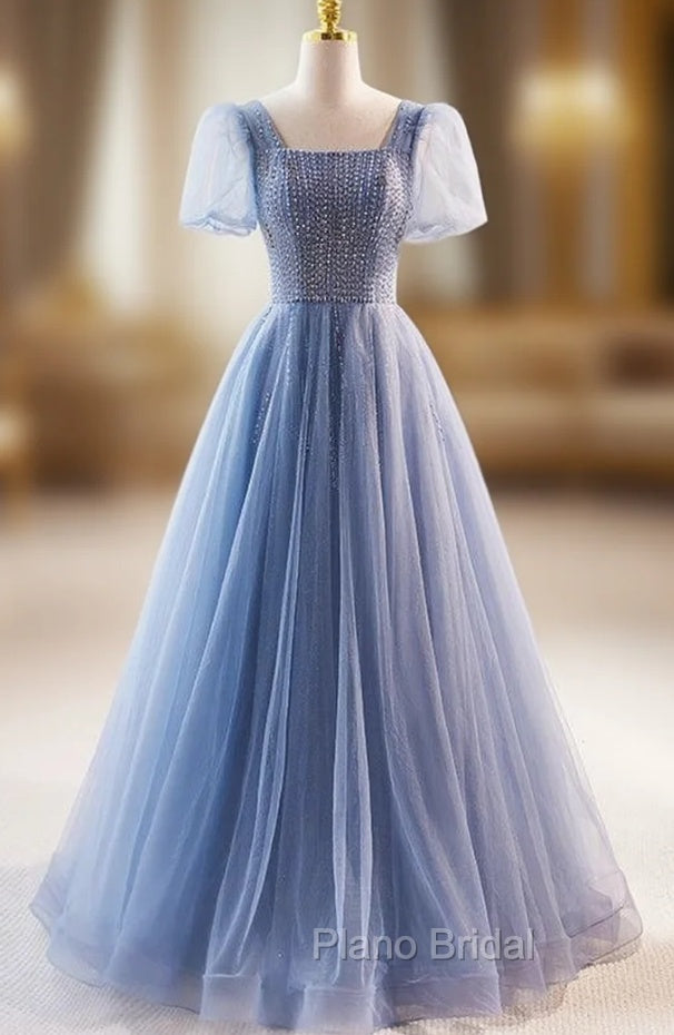 Blue Tulle Square Neck Short Sleeve Beading Formal Prom Dresses Main image