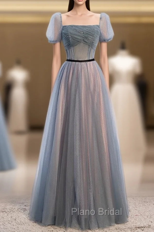 Blue Tulle Square Short Sleeve Pleats Beading Formal Prom Dresses