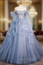 Blue Tulle Strapless Beading Formal Prom Dresses