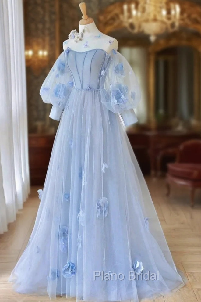 Blue Tulle Strapless Long Sleeve Flower Formal Prom Dresses