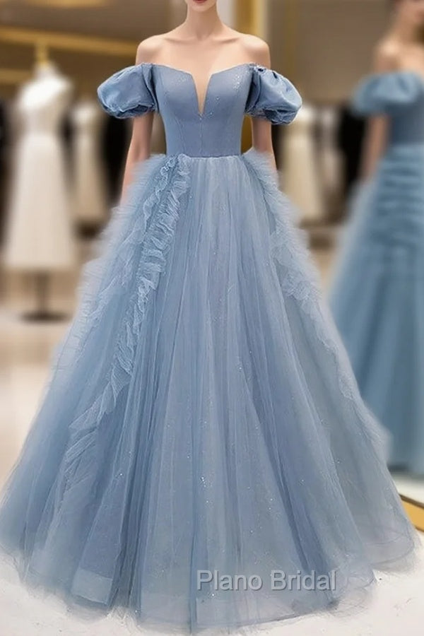 Blue Tulle Strapless Formal Prom Dresses With Detachable Sleeve Main image