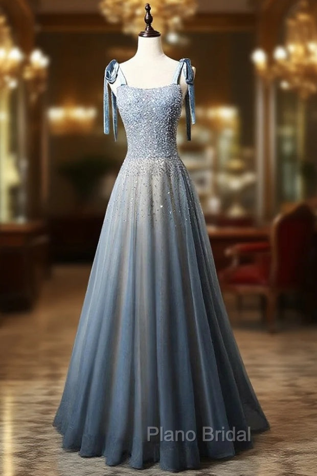 Blue Tulle Straps Beading Formal Prom Dresses Main image