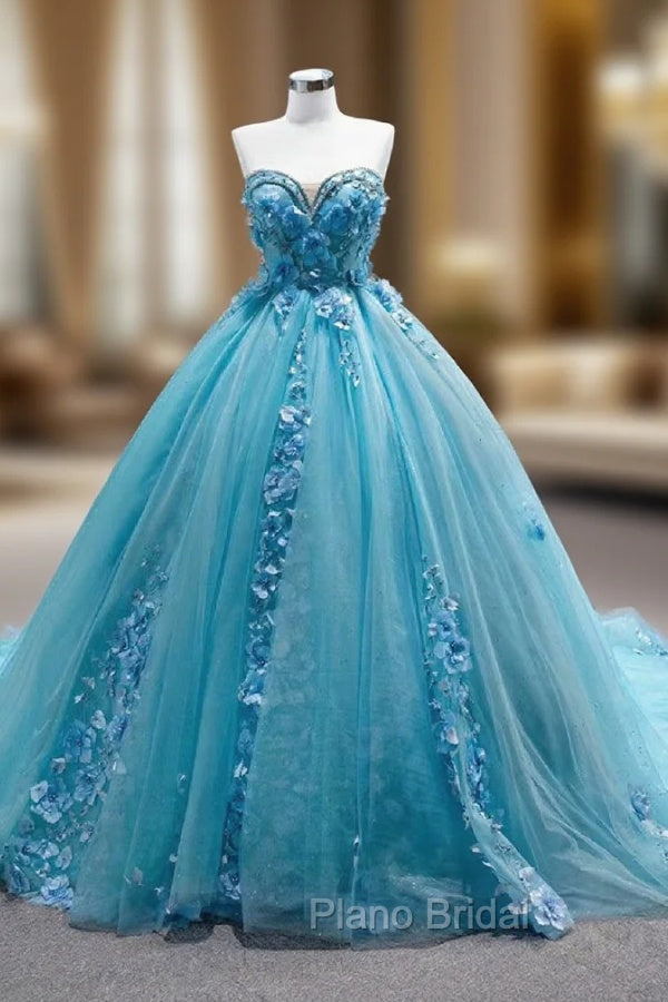 Blue Tulle Sweetheart Appliques Beading Formal Prom Dresses Main image