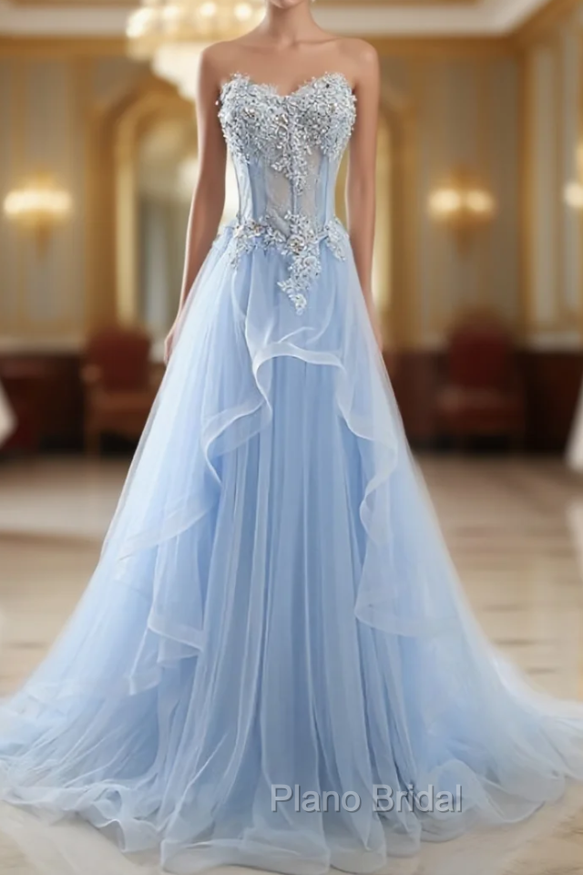 Blue Tulle Sweetheart Appliques Beading Formal Prom Dresses Main image