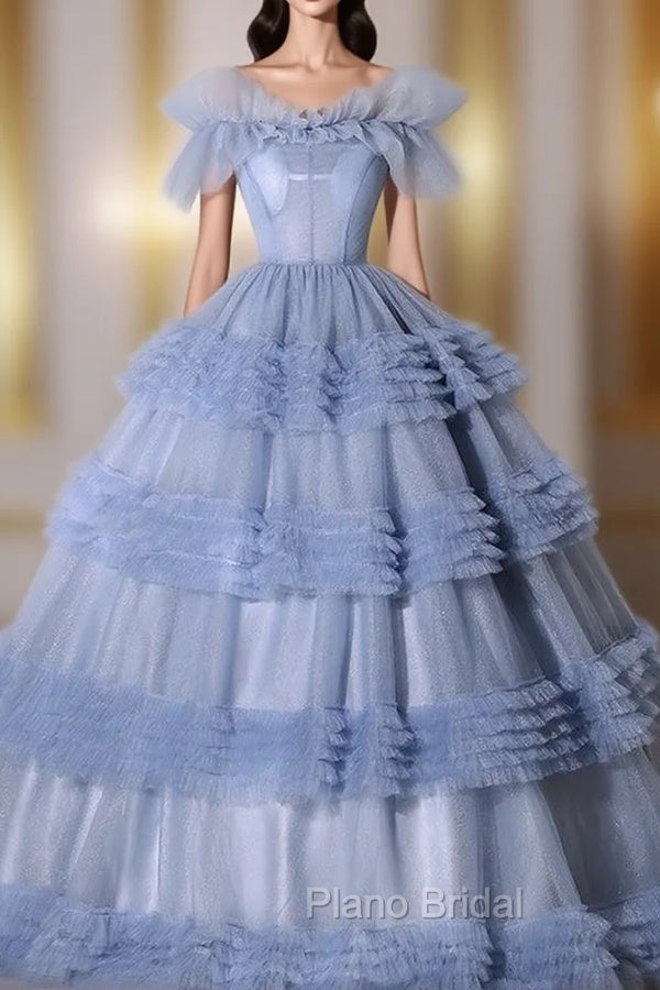Blue Tulle Tiers Off the Shoulder Quinceanera Dresses