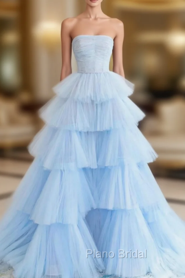 Blue Tulle Tiers Strapless Pleats Formal Prom Dresses Main image