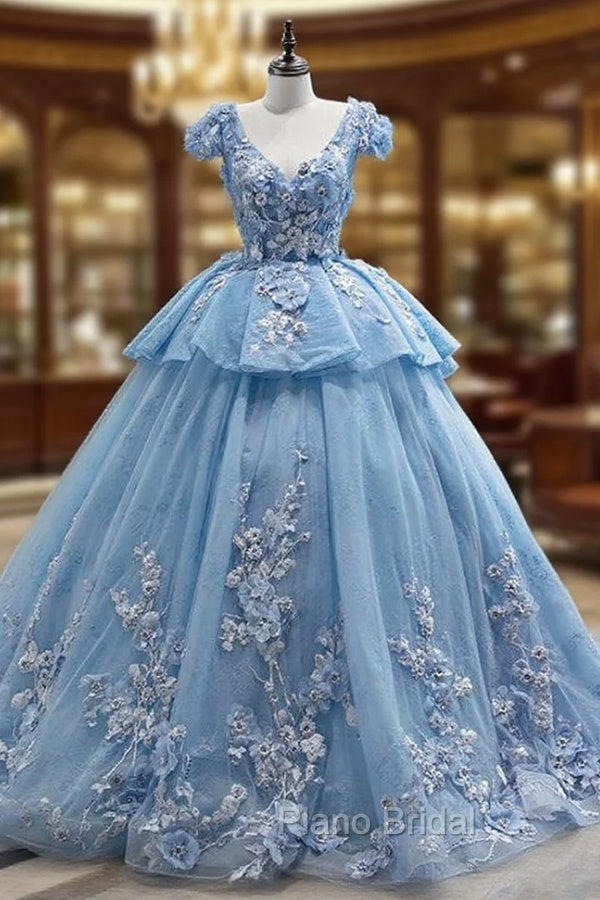 Blue Tulle V-neck Appliques Cap Sleeve Formal Prom Dresses Main image