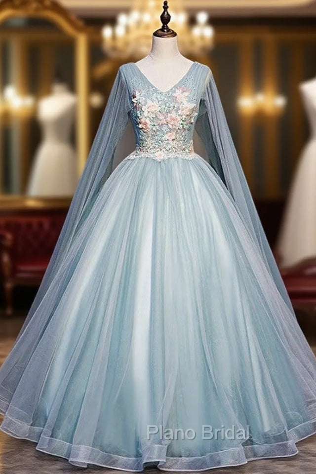 Blue Tulle V-neck Appliques Pleats Quinceanera Dresses Main image