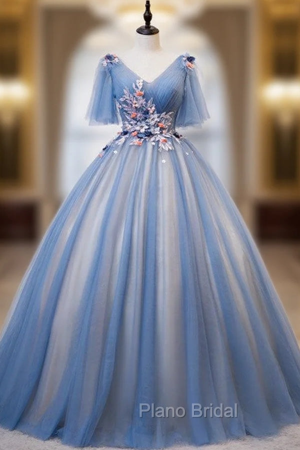 Blue Tulle V-neck Appliques Pleats Short Sleeve Quinceanera Dresses Main image