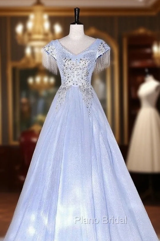 Blue Tulle V-neck Appliques Quinceanera Dresses Main image