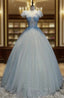 Blue Tulle V-neck Appliques Quinceanera Dresses