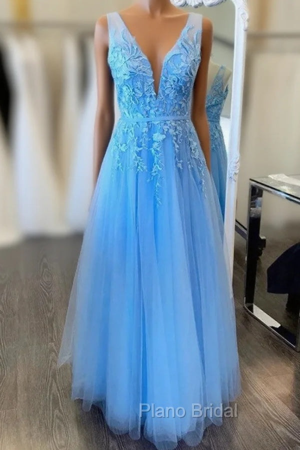 Blue Tulle V-neck Backless Appliques Formal Prom Dresses