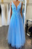 Blue Tulle V-neck Backless Appliques Formal Prom Dresses